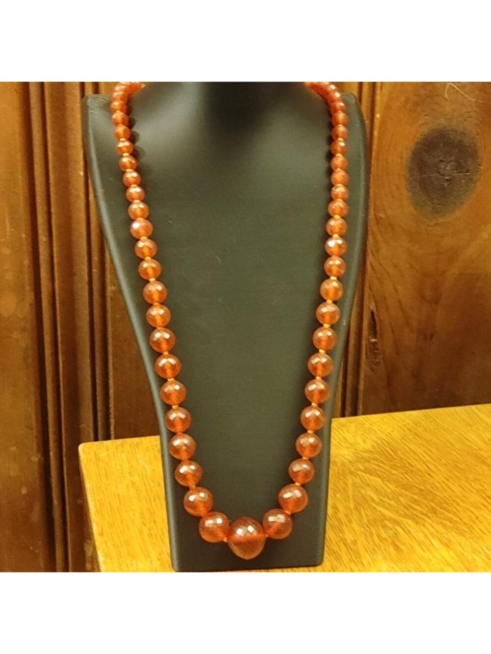 Long Amber Faceted Beaded Necklace UV Glow Round Graduated Toggle Clasp 32 Inch